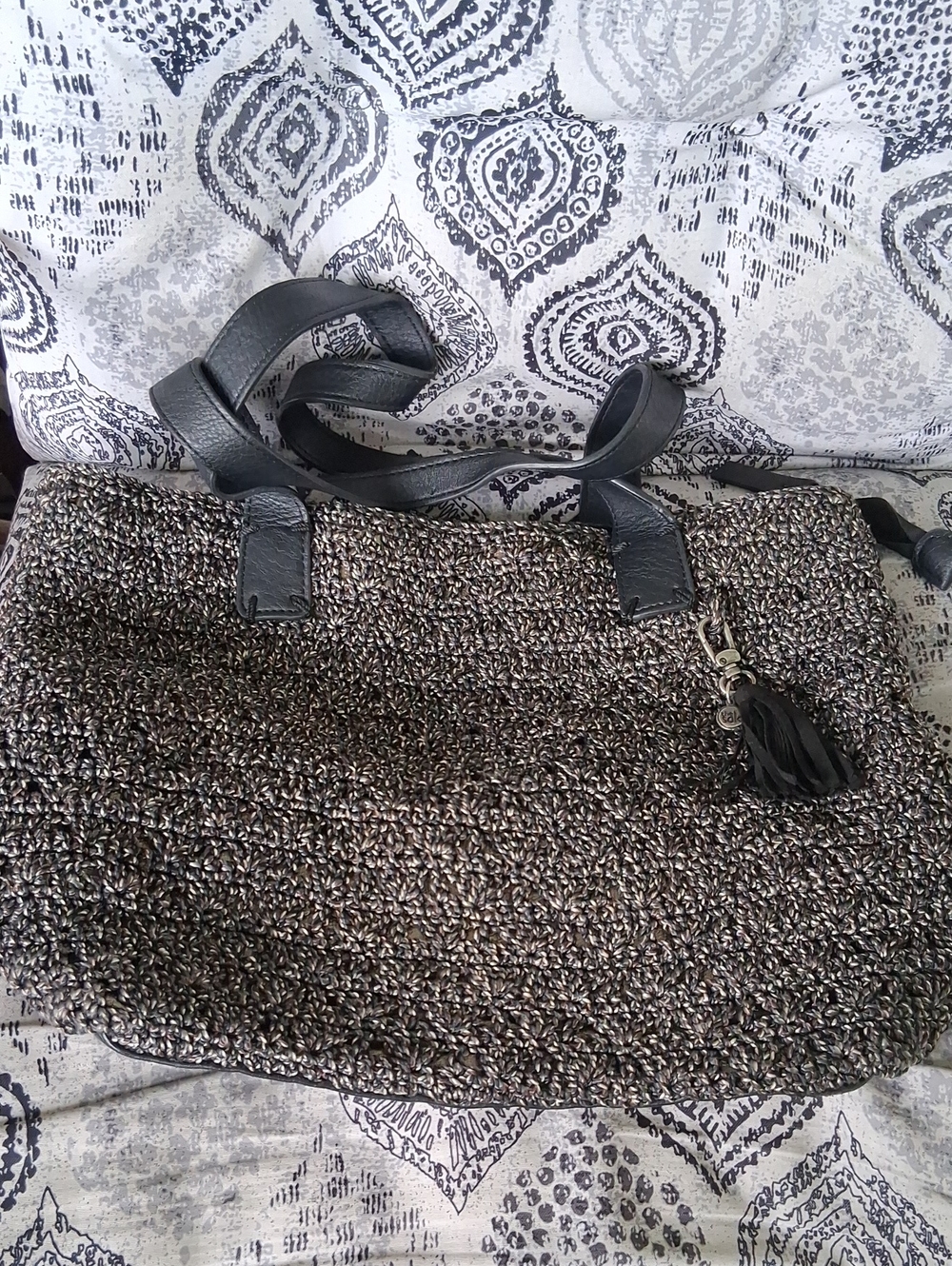 Vintage The Sak Black Metallic Woven Tote with Tassel